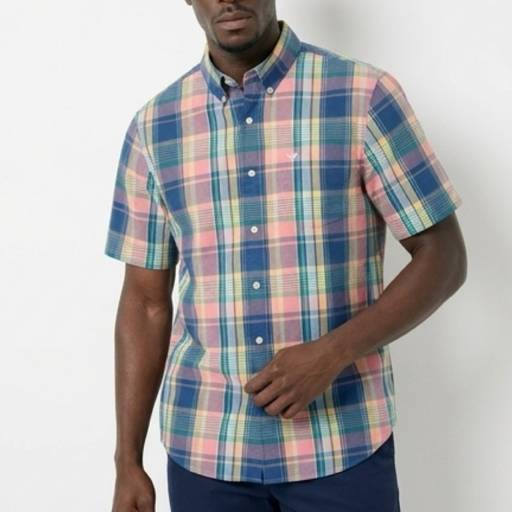 Chaps Men's Short-Sleeve Plaid Button-Down Shirt - Pink, Blue & Yellow Medium